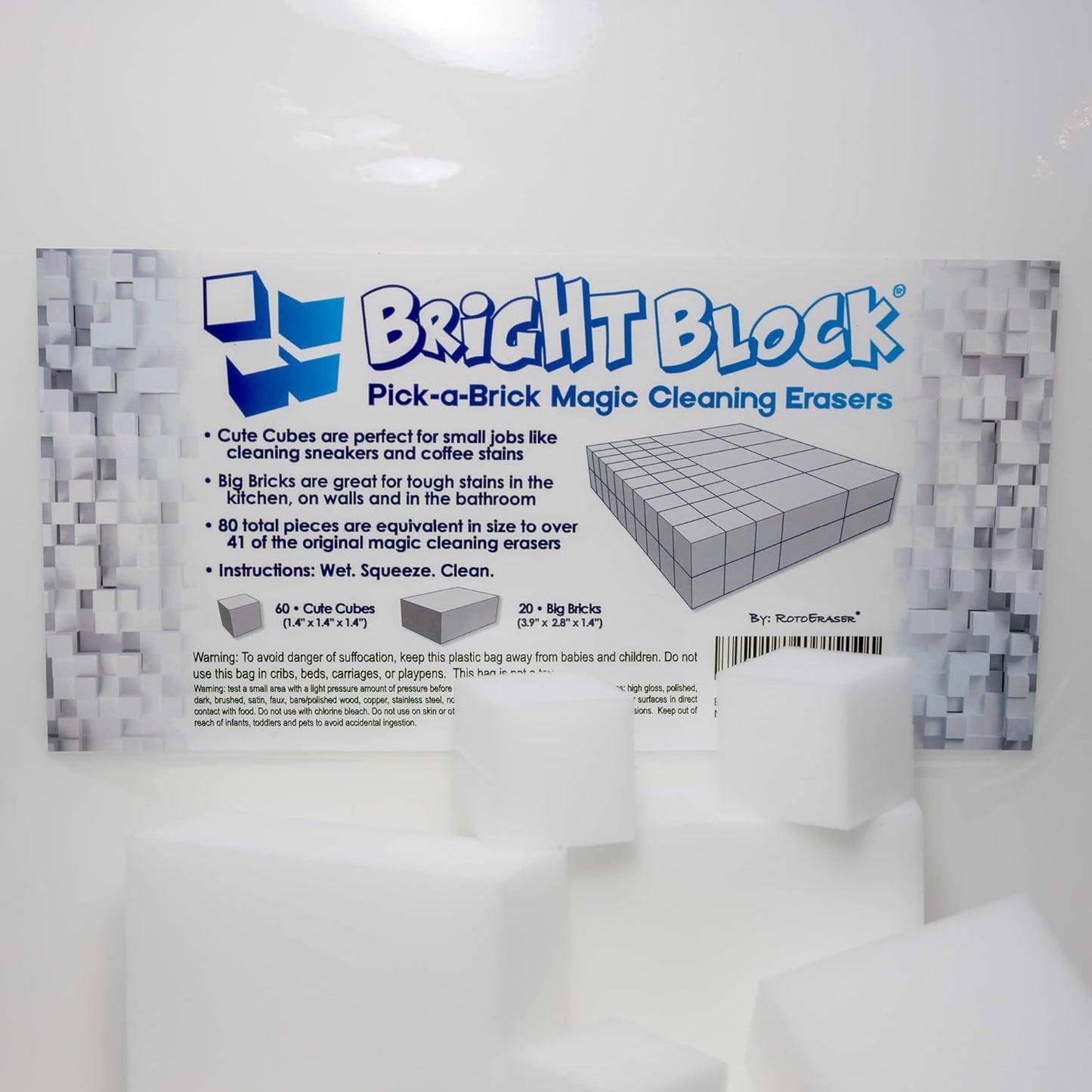 Bright Block Pick-a-Brick Magic Cleaning Eraser Sponges | Select Your Size High Density Melamine Scrubbers for The Bathroom, Kitchen, Floors, Baseboards, Grout, Magic Marker, Walls & More