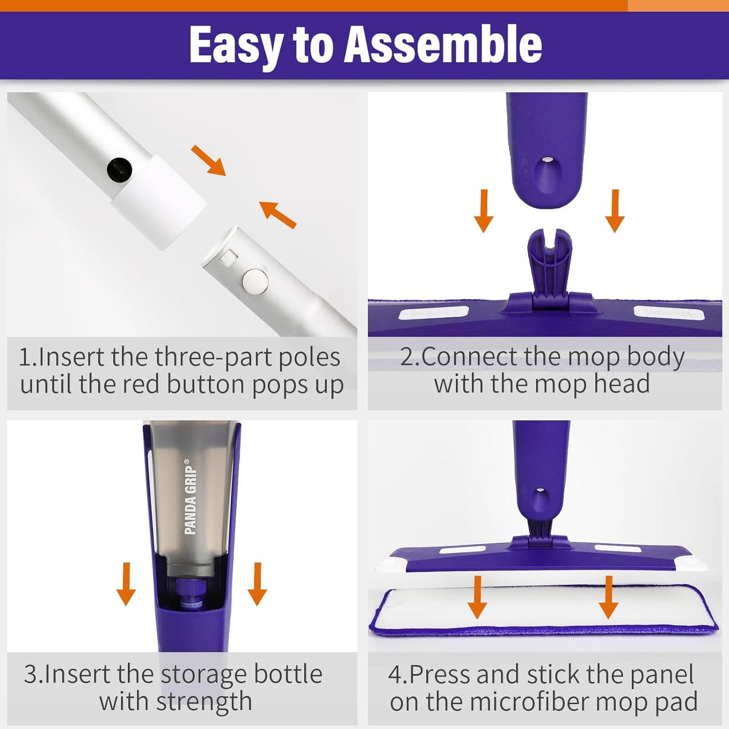 Mops for Floor Cleaning, Wet and Dry Spray Mop with Refillable Spray Bottle and 3 Washable Microfiber Pads Home or Commercial Use Flat Mop for Hardwood Laminate Wood Ceramic, Purple