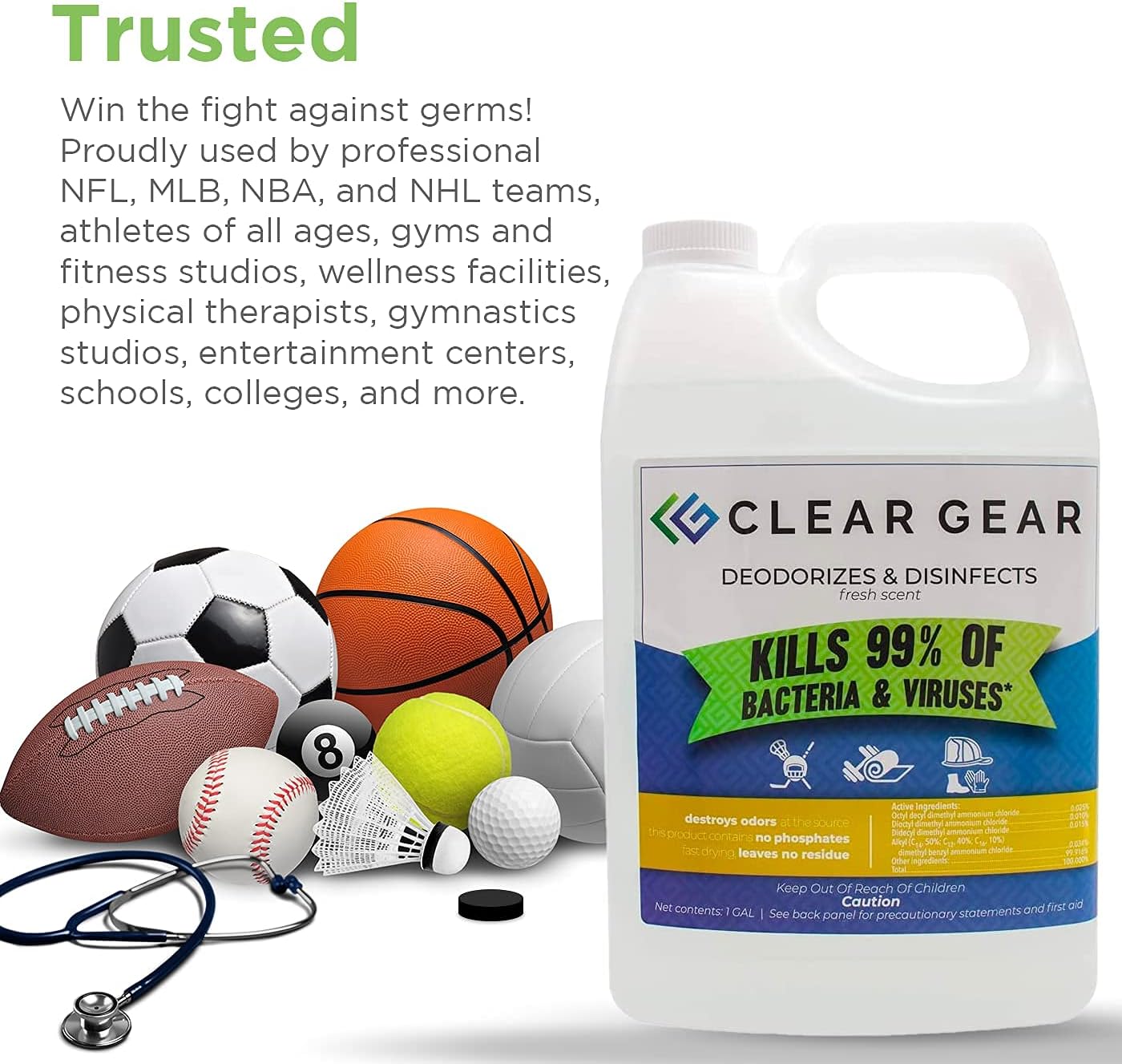 Clear Gear Disinfectant Cleaner, and Deodorizer For Sports Equipment, Gyms, and Fitness Centers - EPA-Registered, Hospital Grade, Made in USA - 1-Pack of 32 Oz Bottle Disinfecting Spray