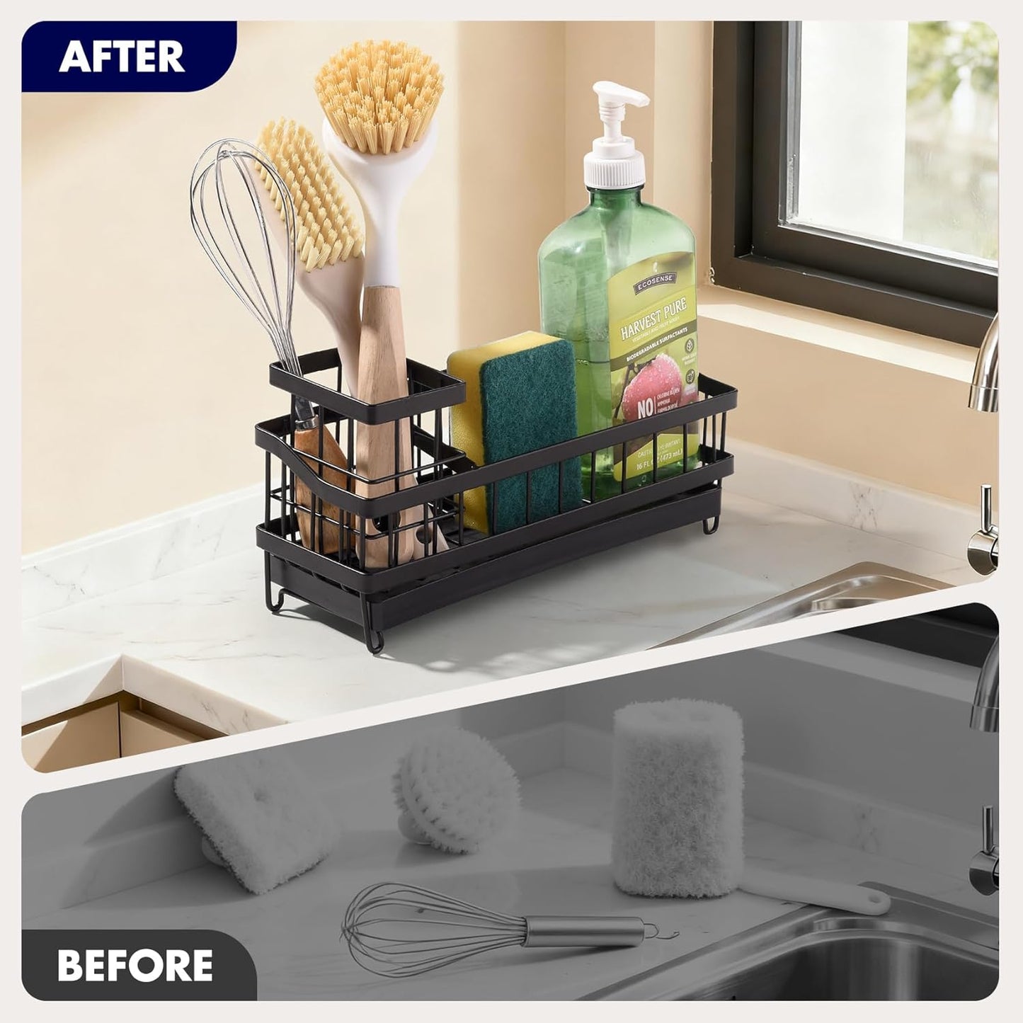 Sponge Holder for Kitchen Sink, Sink Caddy Organizer with High Brush Holder, Kitchen Countertop Organizers and Storage Essentials, Kitchen Decor, Rustproof 304 Stainless Steel