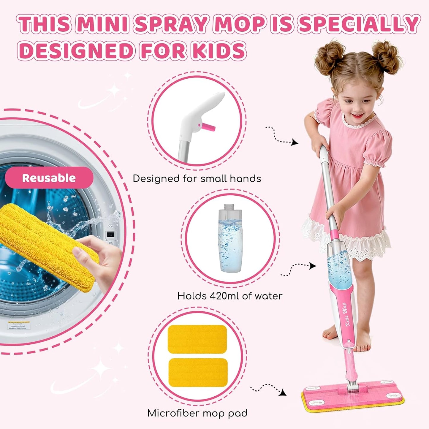 Kids Spray Mop - 30 Inch, 420ml Large Water Tank, Effective Cleaning Tool & Fun Montessori Toy, Pretend Play Housekeeping Set Toddlers Love (Magenta)