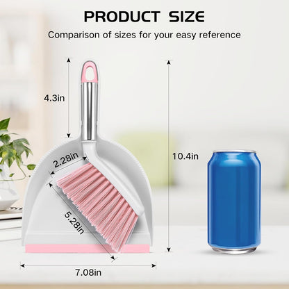 NACENA Mini Broom and Dustpan Set, Small Dust Pan and Brush Set with Handle Dustpan Teeth for Cleaning Hair Suitable for Office Desks Drawers Sofas Outdoor Camping, Light & Purple