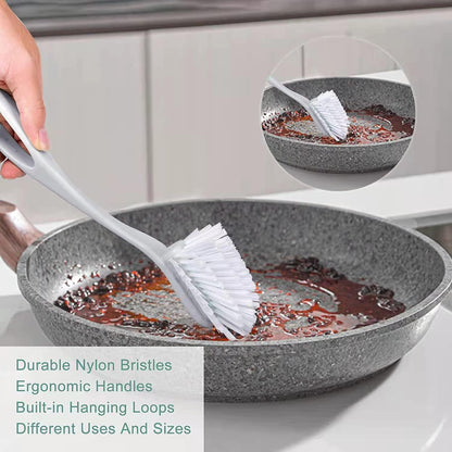 Dish Brush with Handle, Kitchen Dish Scrub Brush Set, 4-Piece Kitchen Cleaning Brush Set for Pots and Bottles, Nordic Green
