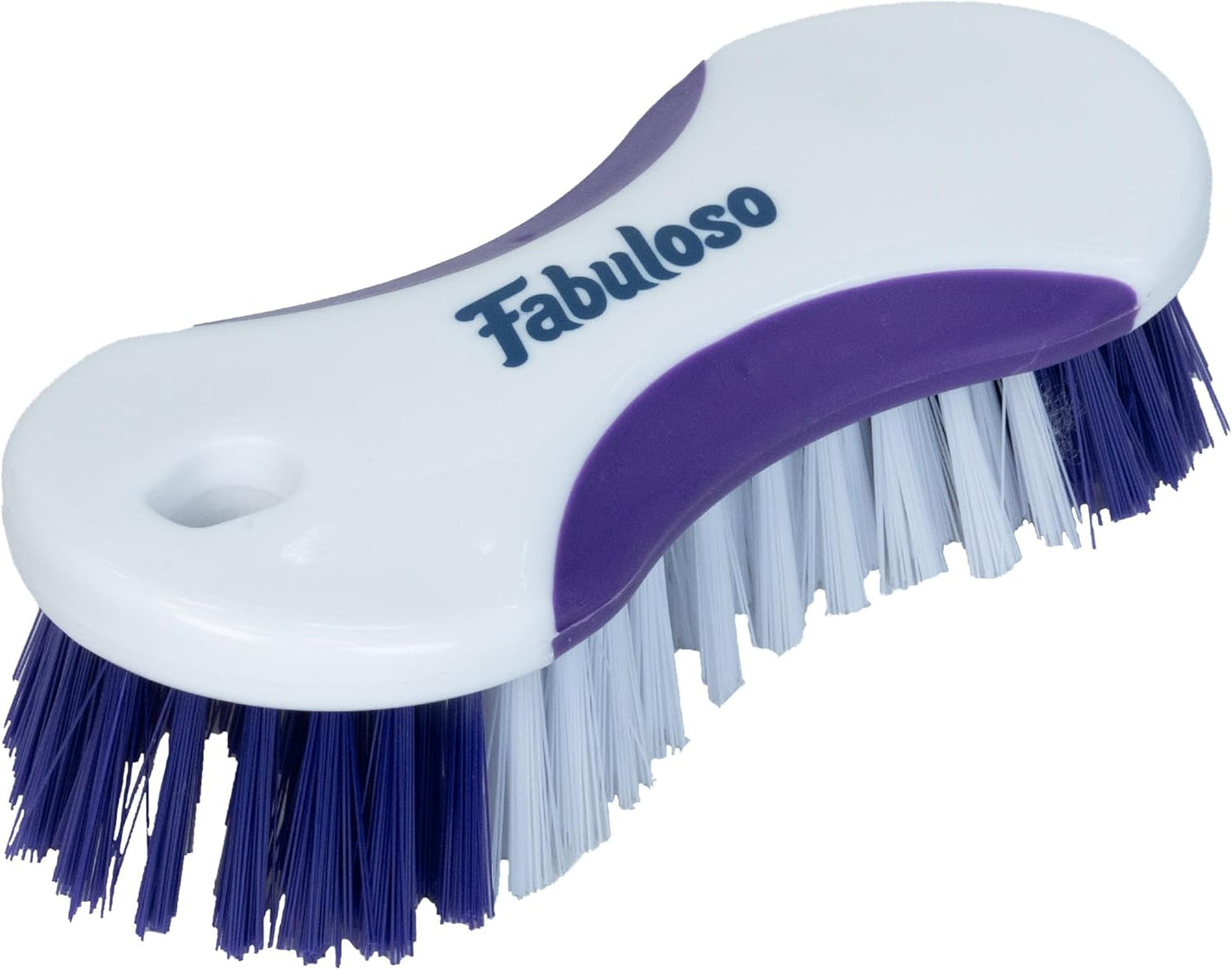 Fabuloso Cleaning Brush with Handle, Compact Handheld Household Scrub Brush for Kitchen, Bathroom, Baseboards, Tile and Floors, Firm Bristles for Indoor Surface Cleaning, White and Purple, 5.5 Inch