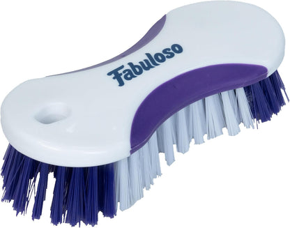 Fabuloso Cleaning Brush with Handle, Compact Handheld Household Scrub Brush for Kitchen, Bathroom, Baseboards, Tile and Floors, Firm Bristles for Indoor Surface Cleaning, White and Purple, 5.5 Inch