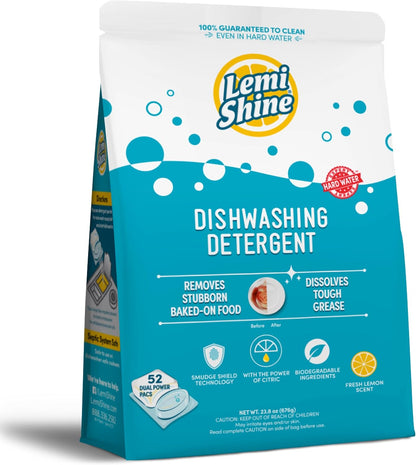 Lemi Shine Natural Dishwasher Detergent Pods + Dishwasher Cleaner 1 ct | All-In-One Powder & Gel Pods with Powerful Citric Acid | Eco Friendly Dish Wash Cleaning Supplies - 65 Count