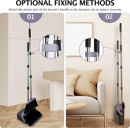 Broom and Dustpan Set with Long Handle, Light Weight Stainless Steel Poles Stand Upright Dustpans with Broom Combo for Home Kitchen Office Pet Dog Hair, Brown & Beige Color, 1-Pack
