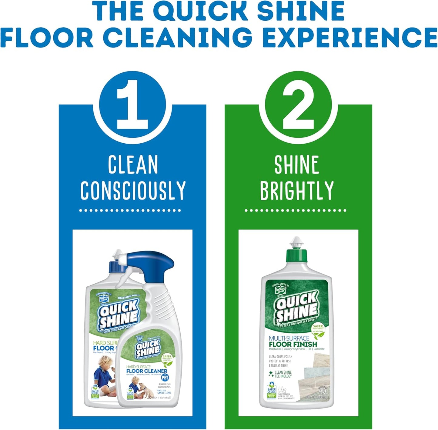 Quick Shine Hard Surface Pet Floor Cleaner 27 oz, 2Pk | Ready to Use, Removes Dirt, Streak Free, No Rinse | Hardwood, Laminate, Luxury Vinyl Plank LVT, & Tile | Safer for Kids, Pets & Our Environment