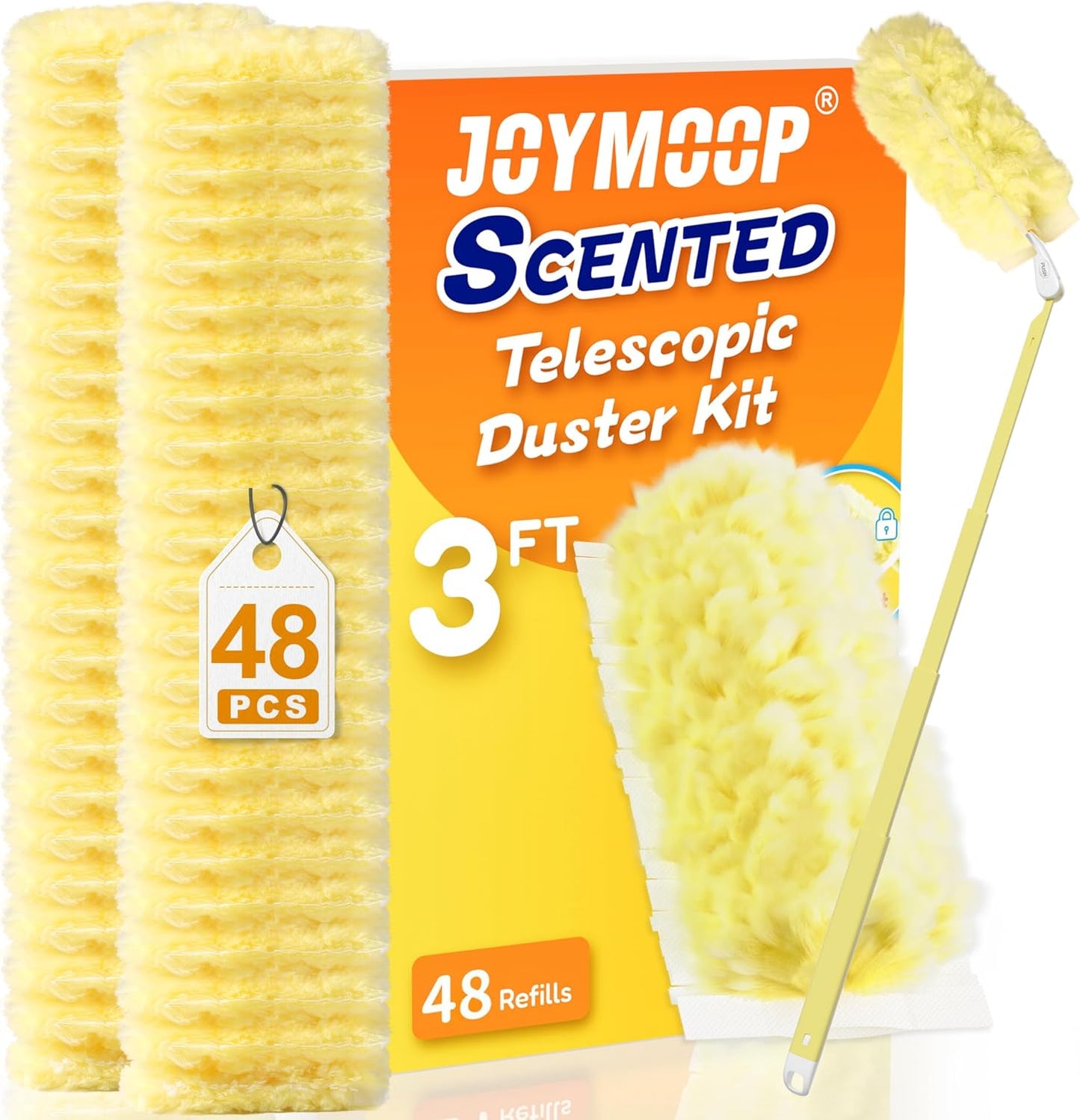 JOYMOOP Scented Telescopic Duster kit, 3FT Extendable Handle (Yellow) + 24 Yellow Refills for Swiffer Feather Duster,Easy Cleaning for Ceilings, Ceiling Fans, Blinds, Vents & Shelves