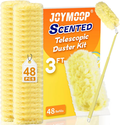 JOYMOOP Scented Telescopic Duster kit, 3FT Extendable Handle (Yellow) + 24 Yellow Refills for Swiffer Feather Duster,Easy Cleaning for Ceilings, Ceiling Fans, Blinds, Vents & Shelves