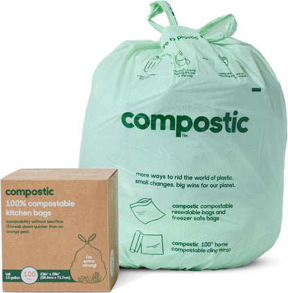 Compostic Compostable Trash Bags, 13 Gallon Tall Kitchen (50 Count) Starter Pack — Extra Strong, Home Compostable, Plant-Based, Non-Toxic, Unscented Garbage Bags