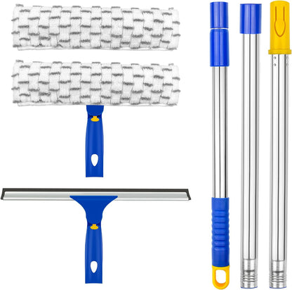 Window Washing Kit with Extension Pole, 10" Squeegee & 11" Microfiber Scrubber Combi with Stainless Steel Pole, Window Cleaner for Car, Sliding Door,Shower Glass Door-Swivel Style-2 Pads