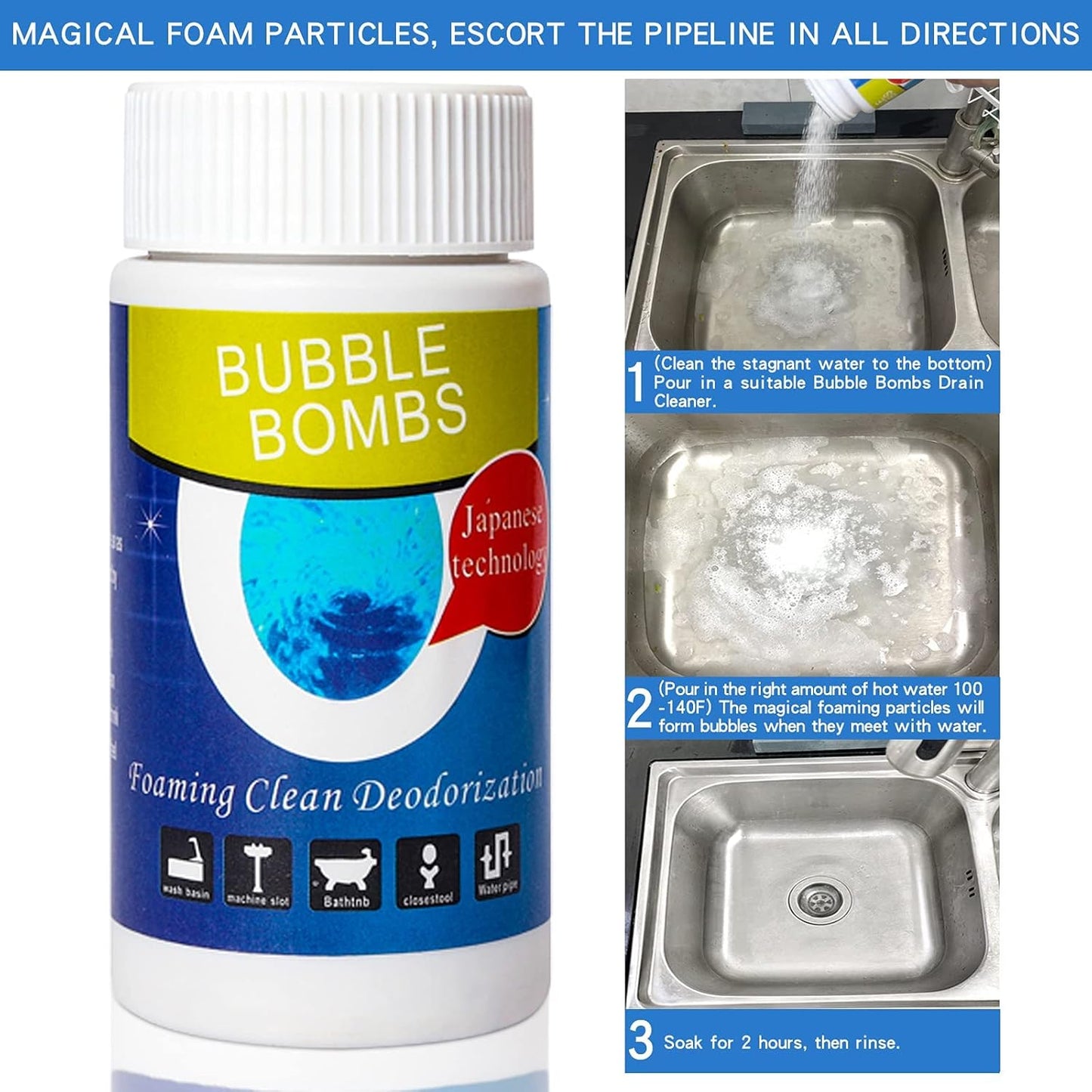 2 Pcs Powerful Magic Bubble Bombs Drain Cleaner - Fast Foaming Pipe Cleaner Powder Dredge Agent for Kitchen Toilet Pipeline Quick Cleaning Tool