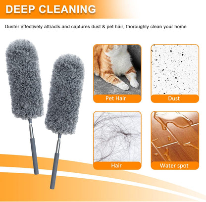 2 Pack Mini Microfiber Feather Duster for Cleaning, with Extendable Pole, Hand Washable Dusters, Cleaning Tools for Office, Car, Window, Furniture