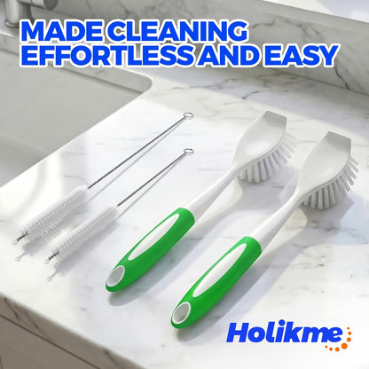 Holikme 4 Pack Dish Brush with Handle Set - 2 Pack Kitchen Dish Brush with Handle, 2 Straw Brushes, Deep Cleaning Dish Brush for Kitchen Sink Dishes, Pot and Pans, Green