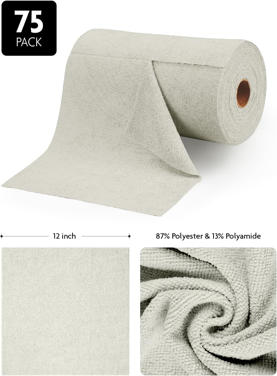 Fantasticlean Microfiber Cleaning Cloth Roll -75 Pack, Tear Away Microfiber Towels, 12" x 12", Reusable, Washable, Scratch Free, Ultra Absorbent Dishcloth for All-Around Cleaning Supplies (White)