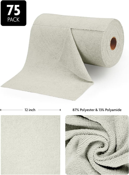 Fantasticlean Microfiber Cleaning Cloth Roll -75 Pack, Tear Away Microfiber Towels, 12" x 12", Reusable, Washable, Scratch Free, Ultra Absorbent Dishcloth for All-Around Cleaning Supplies (White)