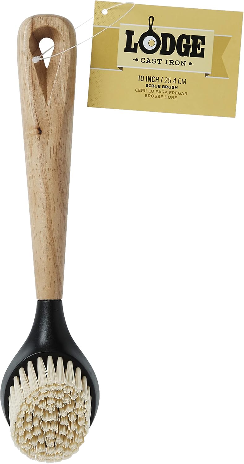 Lodge 10 Inch Scrub Brush - Wood Handle for Comfortable Grip - Skillet Scrubber with Tough Nylon Bristles - Black