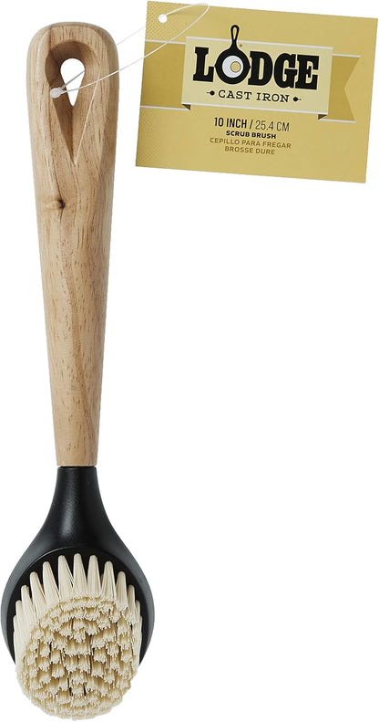 Lodge 10 Inch Scrub Brush - Wood Handle for Comfortable Grip - Skillet Scrubber with Tough Nylon Bristles - Black