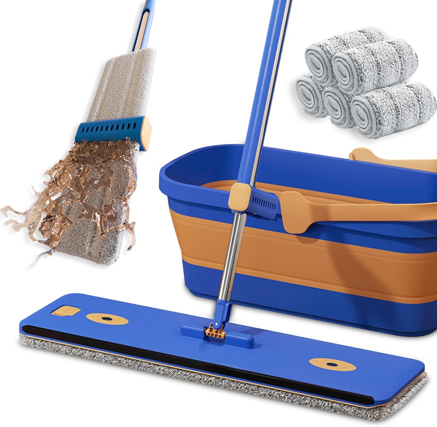 Self Wringing Microfiber Flat Mop and Bucket System with 16.5" Large Head and 55" Long Handle for Floor Wall Cleaning, 5 Microfiber Pads and Foldable Bucket, Wet and Dry