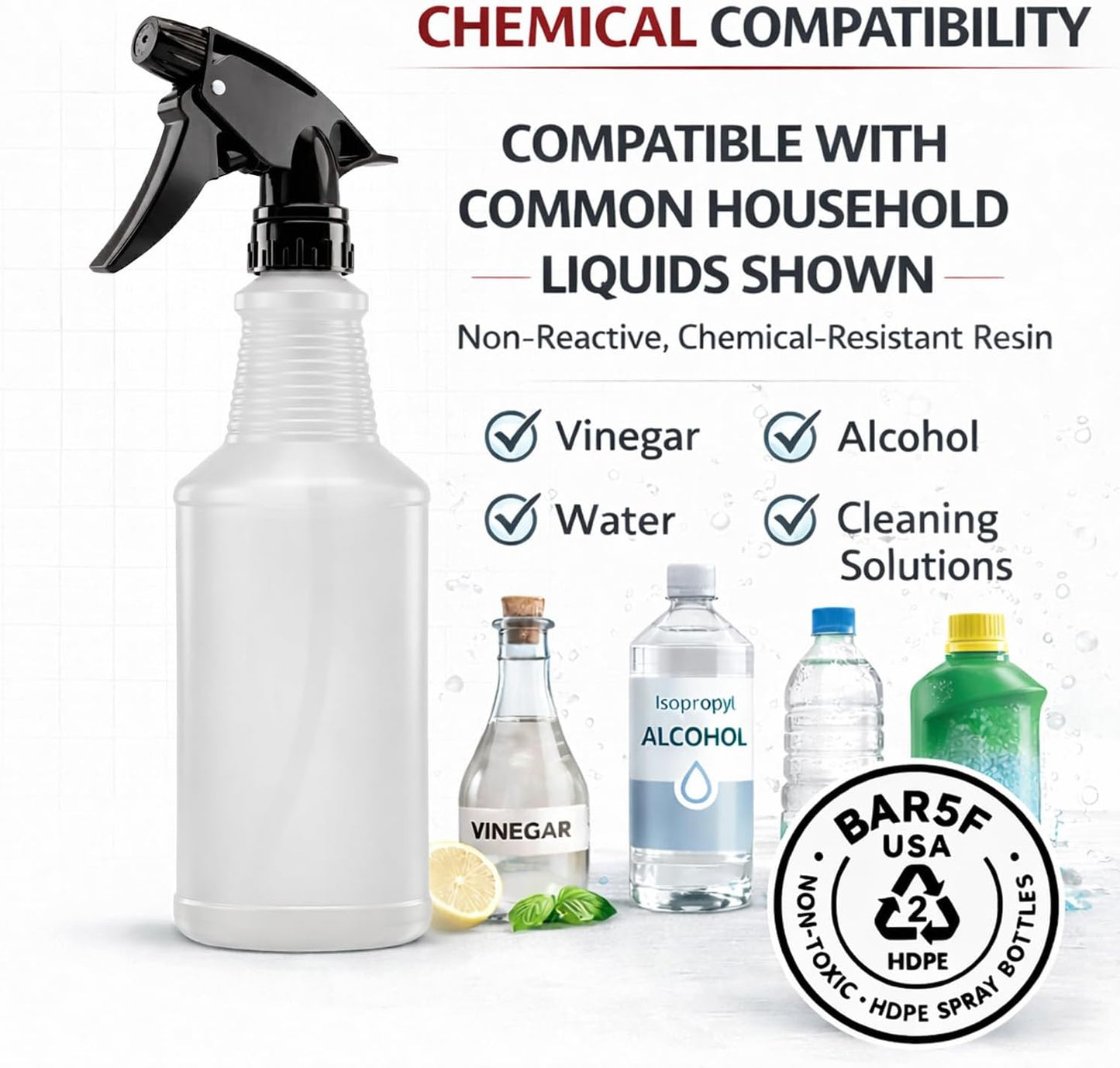 Bar5F Spray Bottles, 24oz, 3 Pack, Chemical-Resistant, BPA-Free, Compatible with Vinegar, Rubbing Alcohol, Cleaning Solutions, Non-Toxic HDPE Bottle for Plants, Pet, BBQ, Auto Detailing, Made in USA