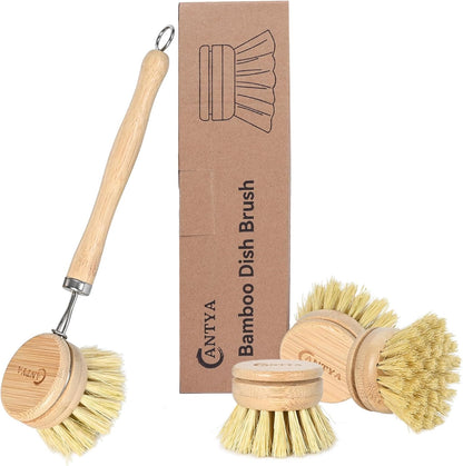 Bamboo Dish Brush with Handle - Soft Bristle, Non Toxic Dish Scrubber Compostable & Sustainable Bamboo Scrub Brush for Dishes, Pots and Pans