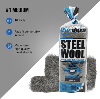 Pandora Steel Wool #2 – Coarse Grade, 16 Pads for Cleaning and Removing - Quality Metal Strands - Ideal to Remove Floor Scuff Marks and Old Wax
