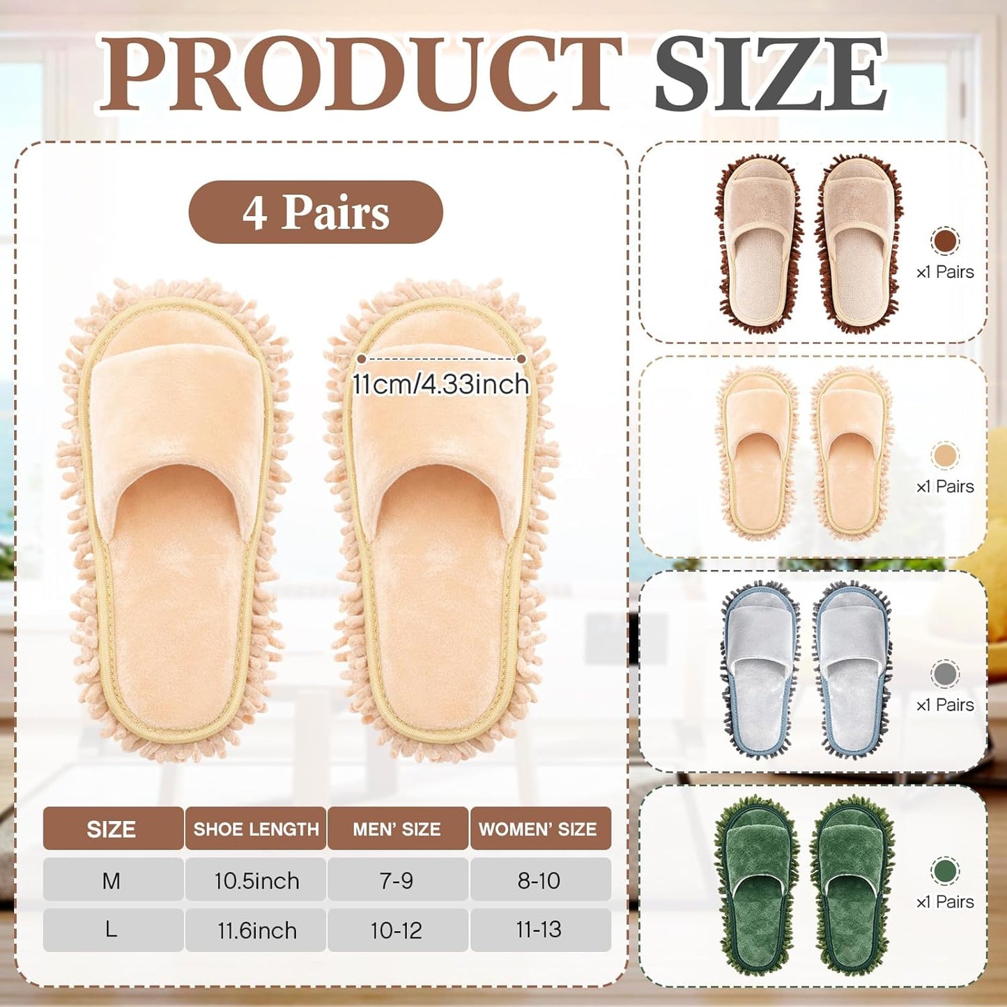 Jecery 4 Pair Washable Microfiber Mop Slippers Detachable Dusting Shoes for Floor Cleaning, Office & Home Use Suitable for Women & Men(Blue, Brown, Beige, White,L Size)