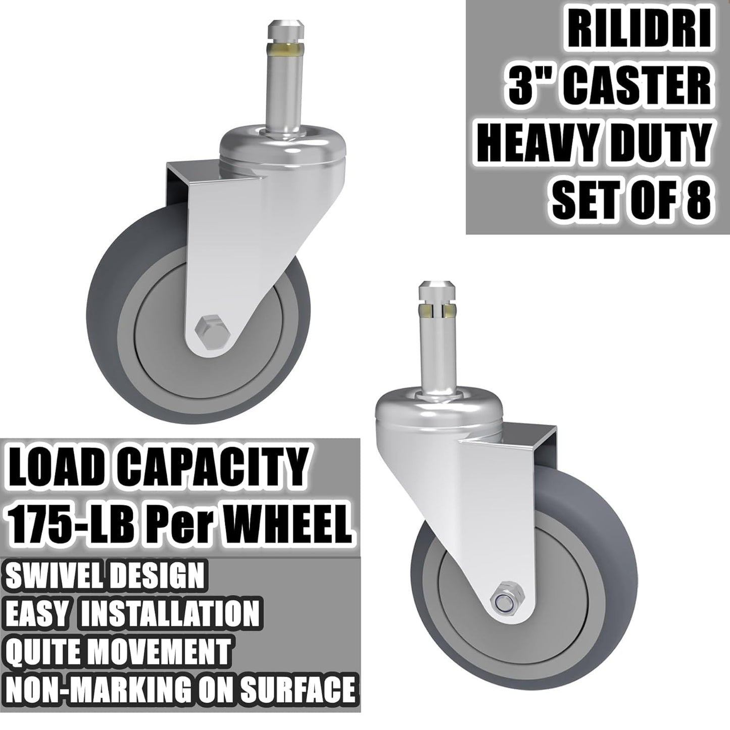 RILIDRI 3-Inch Swivel Stem Caster for Rubbermaid Mop Bucket Utility Cart, 7/16-Inch Stem Diameter Rubber Wheel Set of 4, Heavy Duty TPR Weber Grills Shop Vac Replacement Wheels