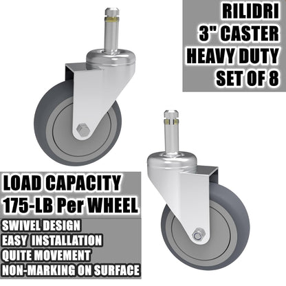RILIDRI 3-Inch Swivel Stem Caster for Rubbermaid Mop Bucket Utility Cart, 7/16-Inch Stem Diameter Rubber Wheel Set of 4, Heavy Duty TPR Weber Grills Shop Vac Replacement Wheels