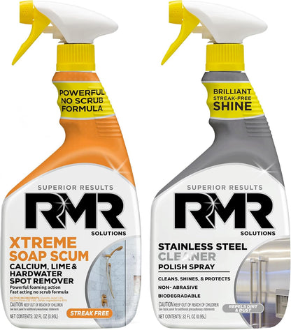 RMR Buildup Breakdown Bundle – Xtreme Soap Scum Remover + Stainless Steel Cleaner Polish, 2-Step Bathroom & Kitchen Cleaning Kit for Shower, Tub, Tile, Glass & Stainless Appliances, 2–32 Oz Bottles