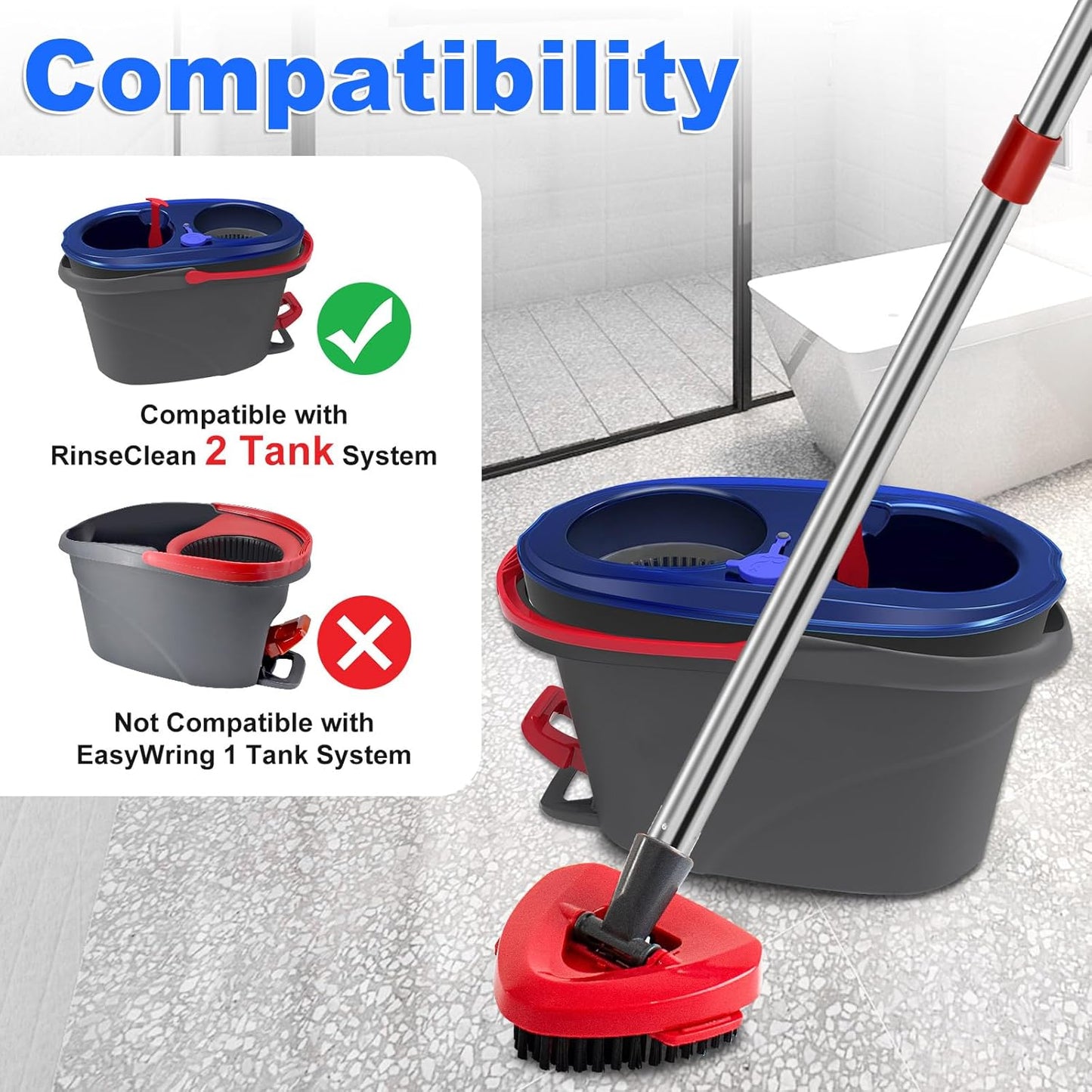 4 Part Stainless Steel Spin Mop Handles, Mop Base & Upgrade Scrub Brush Combo for Ocedar EasyWring 1 Tank Spin Mop System, Mop Handle Mop Base & Brush Set for O Cedar Mop, Universal Thin Screw Joints