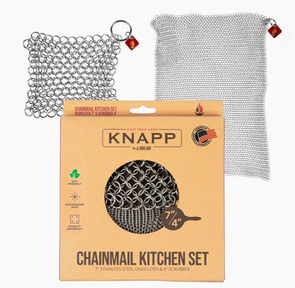Knapp Made Cast Iron Chainmail Scrubber Kitchen Set - 4" and 7" Sizes. Premium Stainless Steel Cleaner for Your Finest Pots, Pans, and Kitchenware