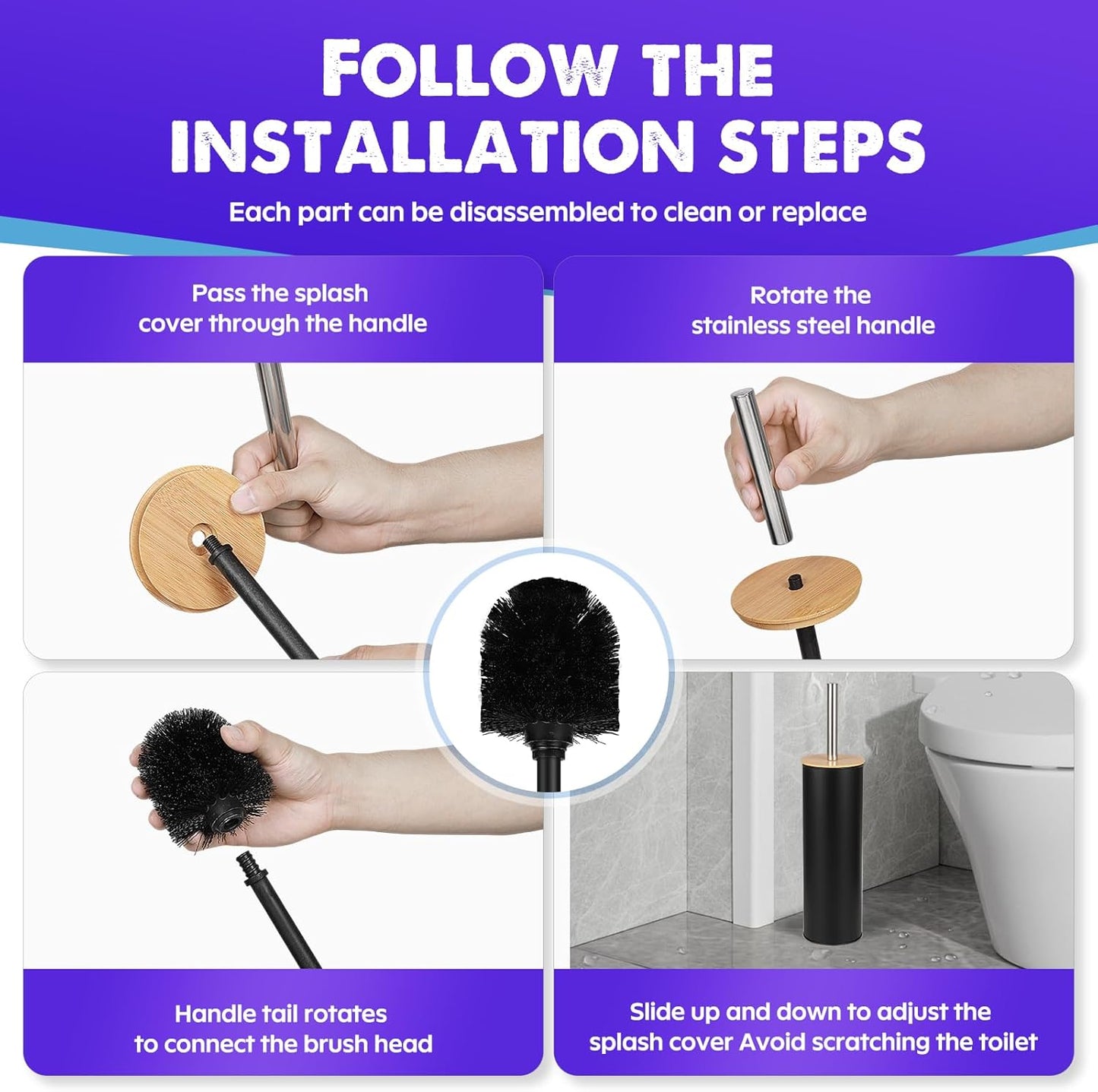 Compact Toilet Brush and Holder 2 Pack,SetStainless Steel Handle Toilet Brush,Deep Cleaning,Durable Nylon bristles,Splash-Proof Design(White&Black)