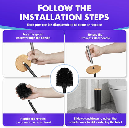 Compact Toilet Brush and Holder 2 Pack,SetStainless Steel Handle Toilet Brush,Deep Cleaning,Durable Nylon bristles,Splash-Proof Design(White&Black)