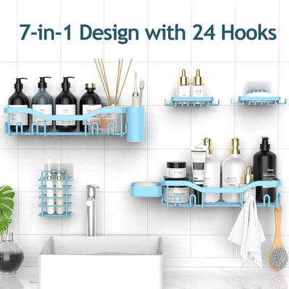 NESOMI Shower Caddy Adhesive Shower Organizer 7-Pack, Rustproof Stainless Steel Bathroom Shelves, Large Capacity No-Drill Rack Storage Accessories with Soap Dish Toothbrush Holder &24 Hooks Home Decor