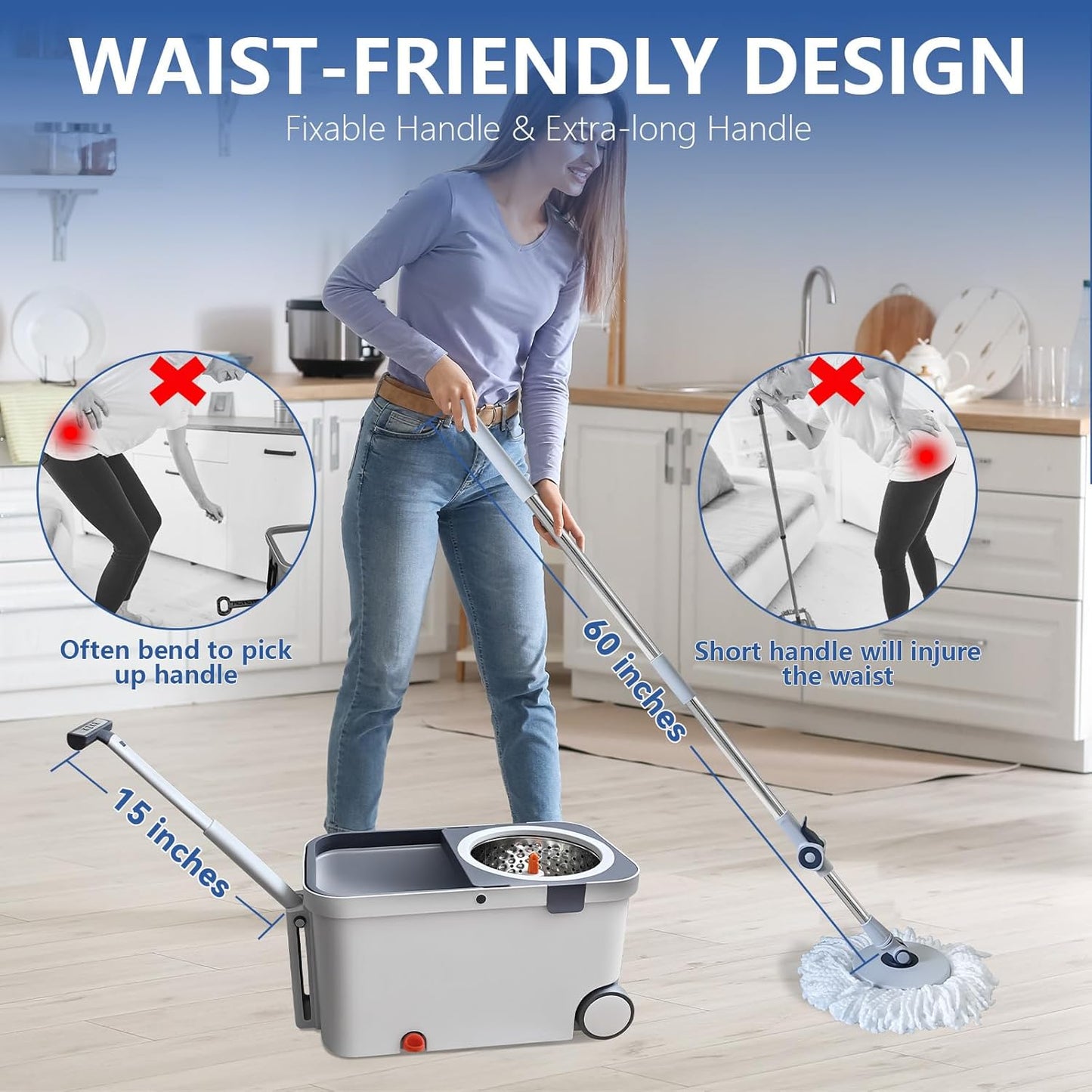 Spin Mop and Bucket with Wringer Set, Bucket with Handle & Wheels, Wiht 6 Microfiber Mop Heads and Brush for Cleaning, 360° Spinning with 60 Inch Extended Pole