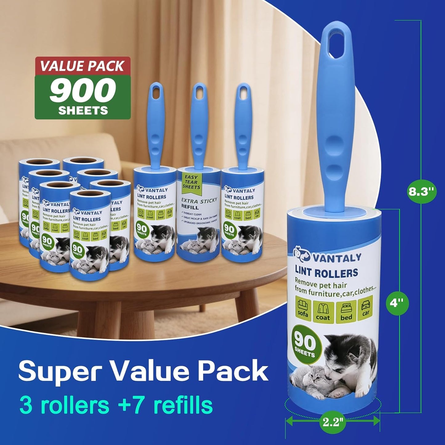 Lint Rollers for Pet Hair Extra Sticky, 600 Sheets Value Set Lint Roller with 2 Upgraded Handles, 6 Rollers Portable Pet Lint Remover for Clothes, Furniture, Carpet, Dog & Cat Hair Removal