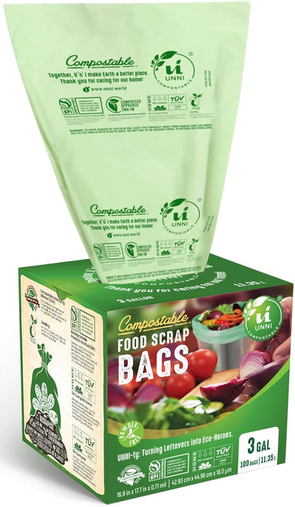 UNNI Compostable Trash Bags, 13 Gallon / 49.2 Liter, 50 Count, Extra Thick 0.9 Mil Tall Kitchen Food Scrap Bin Liners, Certified by BPI, CMA & OK compost HOME, Meets the ASTM D6400 Standard