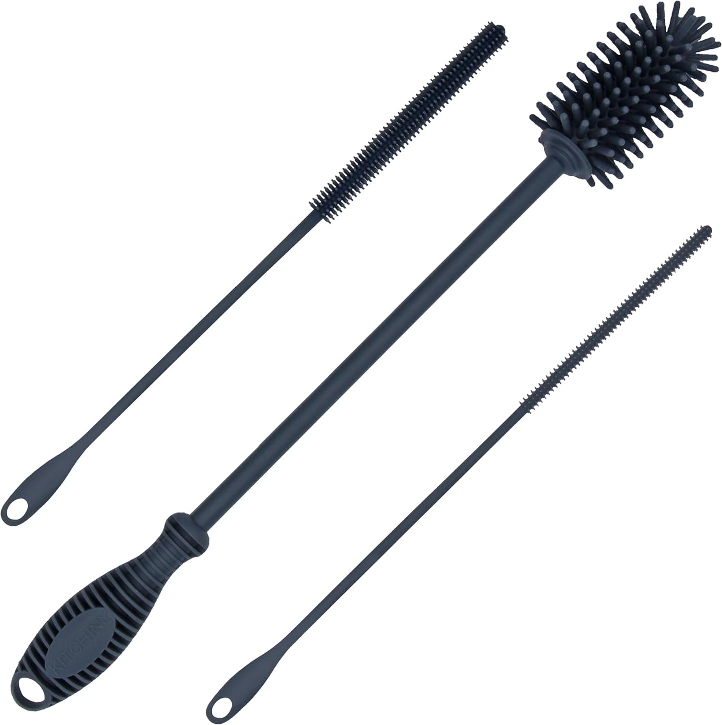 Kitchiny Silicone Bottle Brush with 2 Straw Cleaners - 12.5” Water Bottle Cleaner Brush for Yeti, Hydro Flask, Owala, Stanley, Baby Bottles, Glassware, Vases & Narrow Neck Containers - Grey