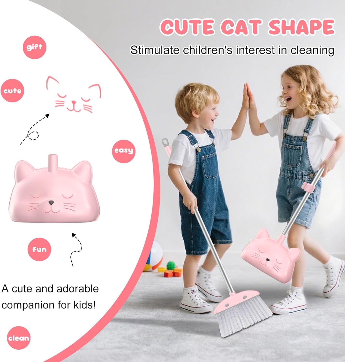 Mini Broom with Dustpan for Kids, 28-in Handle Kids Broom and Dustpan Set for Toddlers Cat-Shaped Children Broom and Cleaning Set Boys Girls Small Housekeeping Helper Set, Pink
