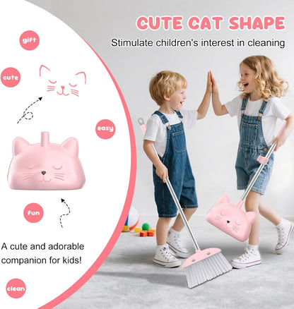 Mini Broom with Dustpan for Kids, 28-in Handle Kids Broom and Dustpan Set for Toddlers Cat-Shaped Children Broom and Cleaning Set Boys Girls Small Housekeeping Helper Set, Pink