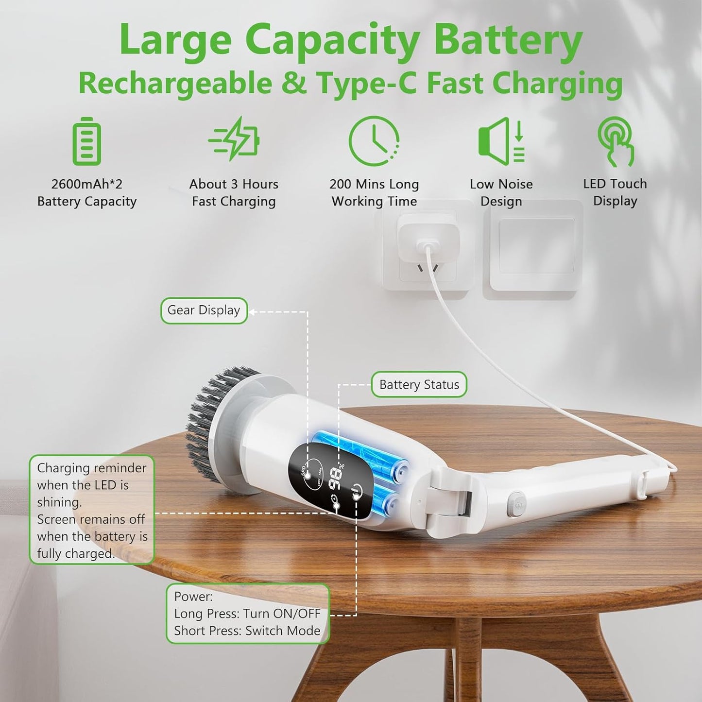 Electric Spin Scrubber, Cordless Cleaning Brush, 3H Work Time, Bathroom Scrubber with LED Display, 3-Speed Extendable Handle, IPX7 Waterproof, 8 Brush Heads for Shower, Tile, Tub, Floor, Toilet, Grout