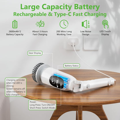 Electric Spin Scrubber, Cordless Cleaning Brush, 3H Work Time, Bathroom Scrubber with LED Display, 3-Speed Extendable Handle, IPX7 Waterproof, 8 Brush Heads for Shower, Tile, Tub, Floor, Toilet, Grout