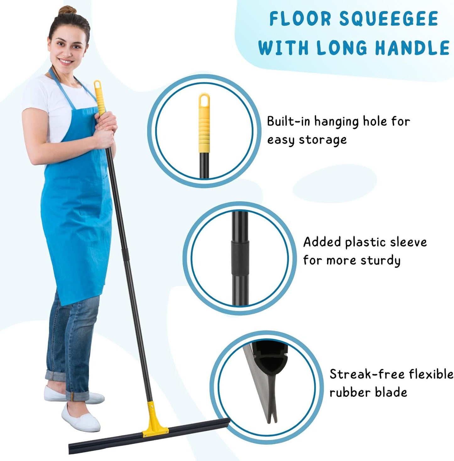 Squeegee Broom for Floor, 18'' Heavy Duty Rubber Wiper with 60'' Long Handle for Bathroom Tile, Garage Concrete, Deck, Shower Glass, Window Cleaning