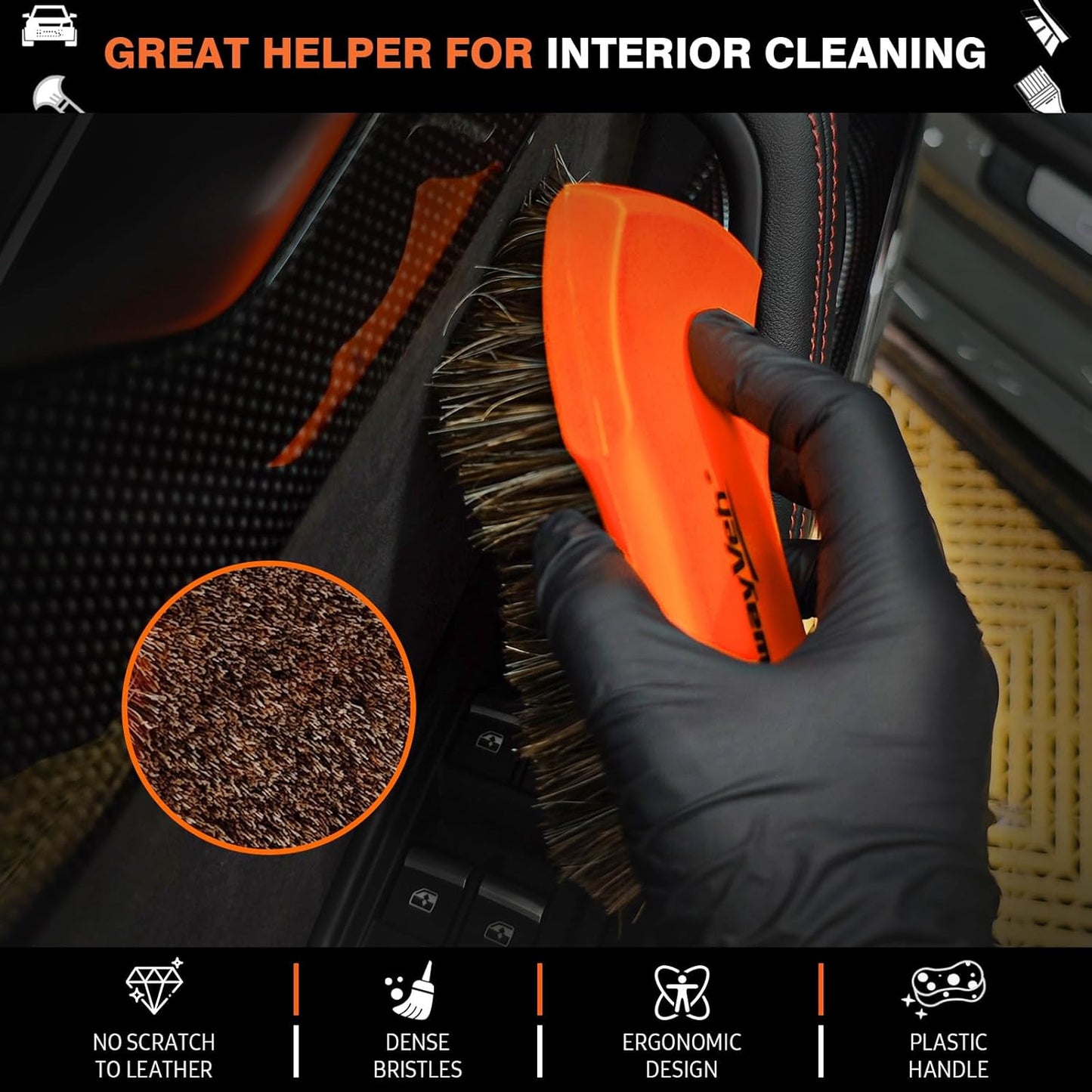 YeewayVeh 3pcs Car Detailing Brush Set, Boars Hair Detailing Brushes, Ultra Soft Detail Brush for Air Vent Leather Seat, Scratch Free Car Detailing Brushes for Interior Exterior, Orange