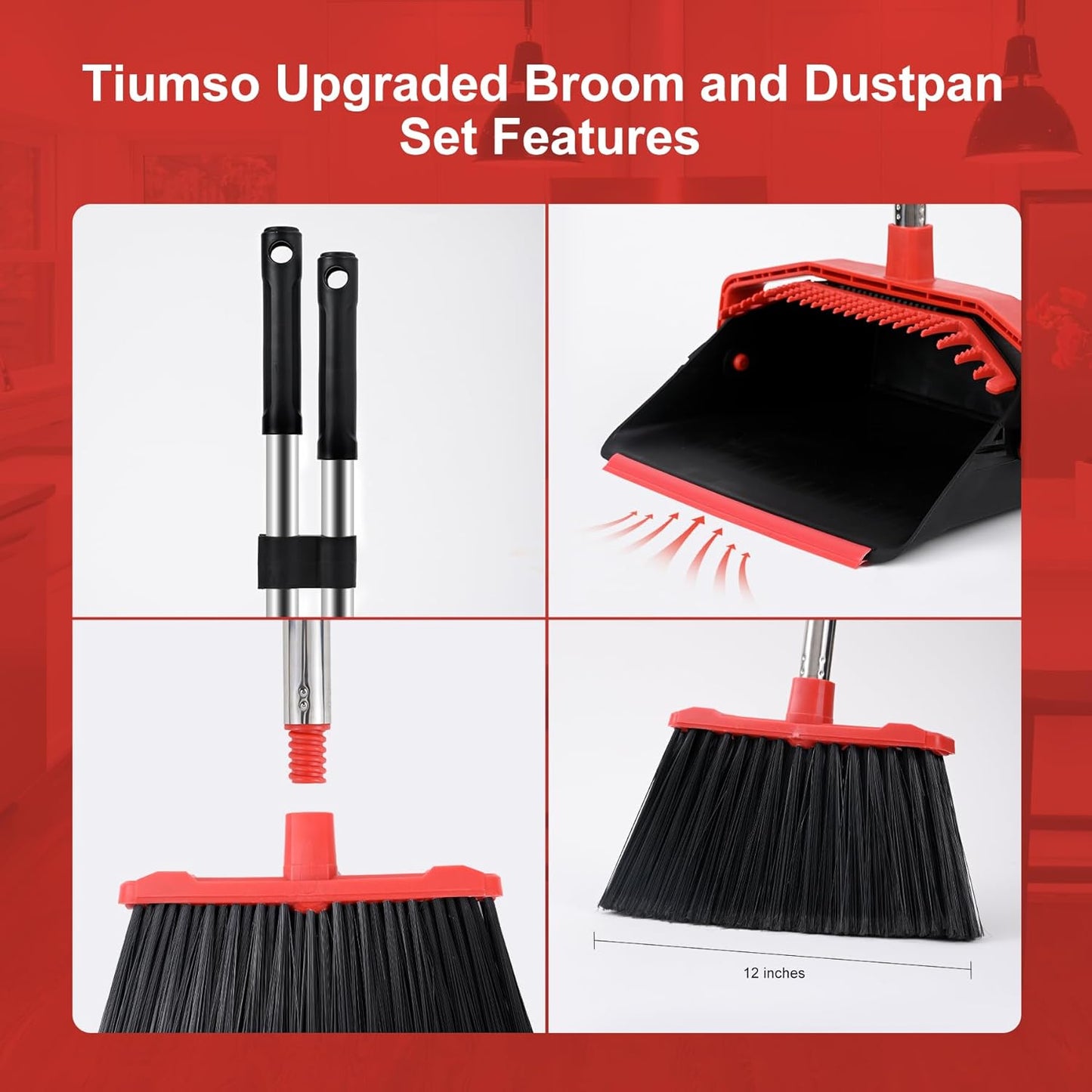 Tiumso Upgrade Broom and Dustpan Set, Broom with Dustpan Combo Sets, Large Brooms and Dust Pan with Handle, Self-Cleaning Dust Pans, Heavy Duty Broom and Dustpans Set for Lobby Kitchen Office - Green