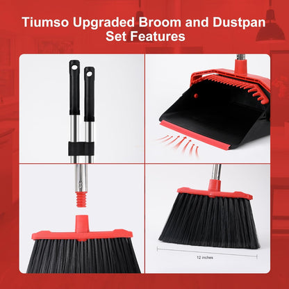 Tiumso Upgrade Broom and Dustpan Set, Broom with Dustpan Combo Sets, Large Brooms and Dust Pan with Handle, Self-Cleaning Dust Pans, Heavy Duty Broom and Dustpans Set for Lobby Kitchen Office - Green