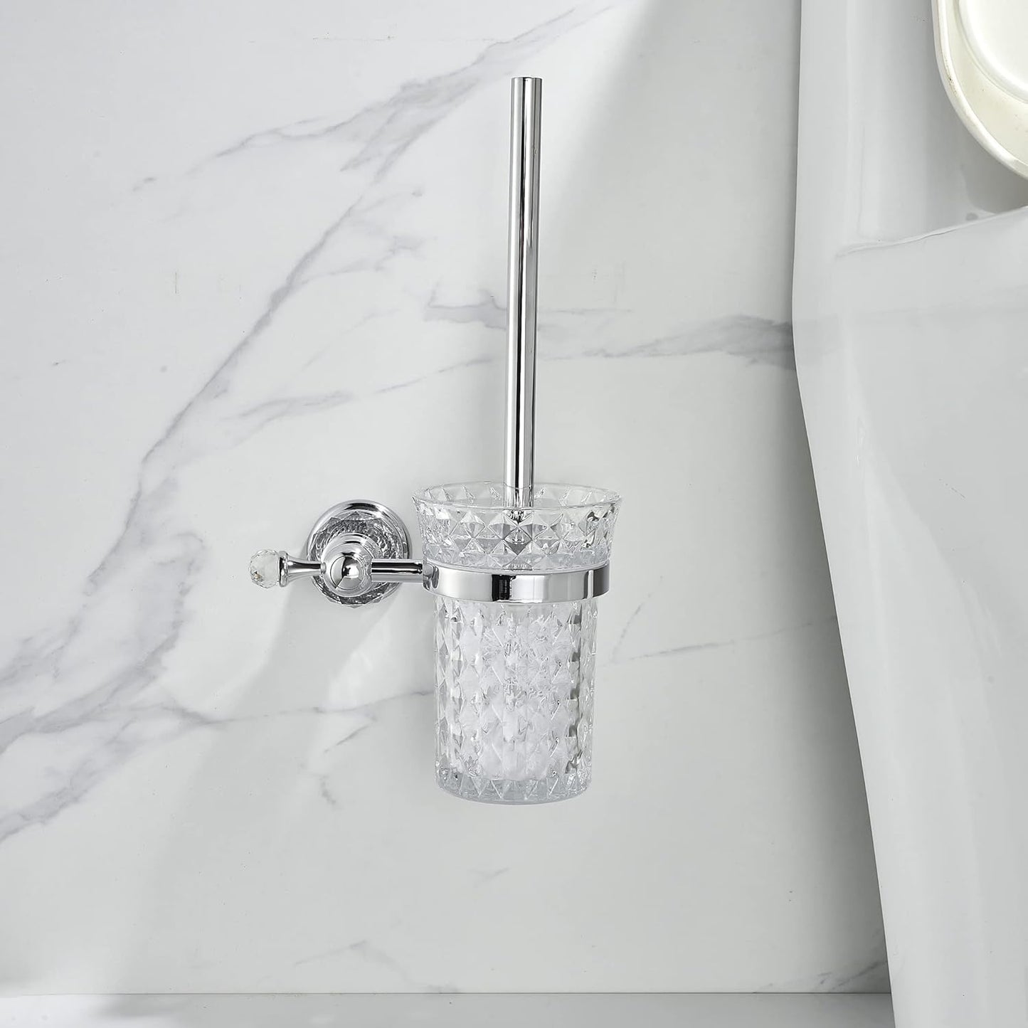 WOLIBEER Crystal Toilet Brush Holder, Polished Gold Brush Handle with Replaceable Brush Head, Stainless Steel Bathroom Cleaning Set Wall Mounted