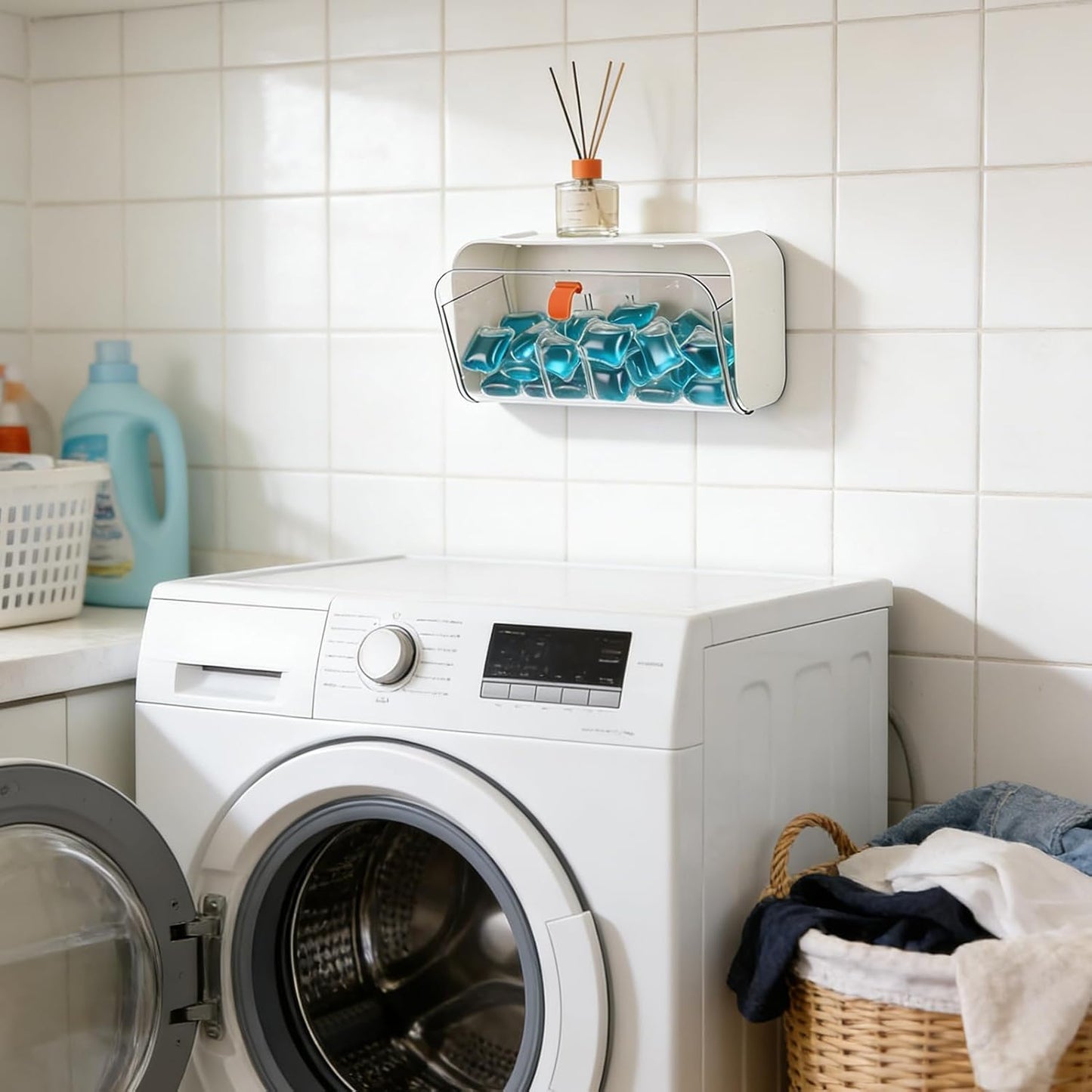 Dishwasher Detergent Pods Holder Wall-Mounted Clear Laundry Pods Container with Divider for Scent Booster Beads Dryer Balls Hanging Storage Container for Detergent Home Kitchen and Laundry Room